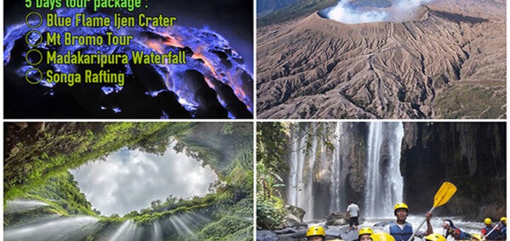Blue Flame Crater, Mt Bromo, Waterfall, Rafting tour 5 Days